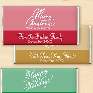 Set of 12 Happy Holidays Christmas Personalized Hersheys Chocolate Bar Favors, Happy Holidays Personalized Chocolate Favor DM48