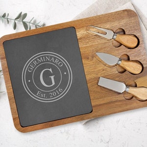 Monogram Gift Personalized Acacia Wood Slate Cheese Board and Knives Set, Charcuterie Cheese Board, Cutting Board Gifts, Gift