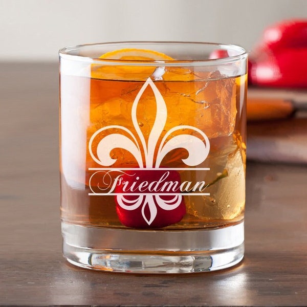Fleur De Lis Custom Personalized Whiskey Rock Glass, Whiskey Lovers Gifts, Etched Glass, Rock Glass ED51F