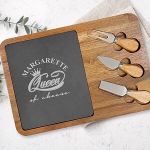Queen Of Cheese Personalized Acacia Wood Slate Cheese Board and Knives Set, Charcuterie Cheese Board, Cutting Board Gifts, Gift