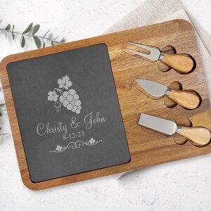 Grapes Personalized Acacia Wood Slate Cheese Board and Knives Set, Charcuterie Cheese Board, Cutting Board Gifts, Gift