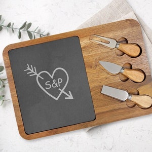 Monogram Gift Personalized Acacia Wood Slate Cheese Board and Knives Set, Charcuterie Cheese Board, Cutting Board Gifts, Gift