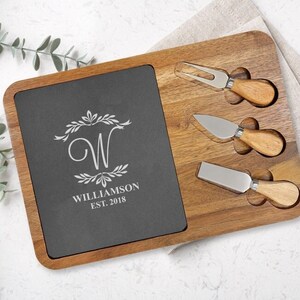Monogram Gift Personalized Acacia Wood Slate Cheese Board and Knives Set, Charcuterie Cheese Board, Cutting Board Gifts, Gift