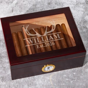 Antler Personalized Engraved Cherry Wood Cigar Humidor 50 Count Cigar Box, Personalized Engraved Hunting Hunters Birthdays Gifts ED51ZB