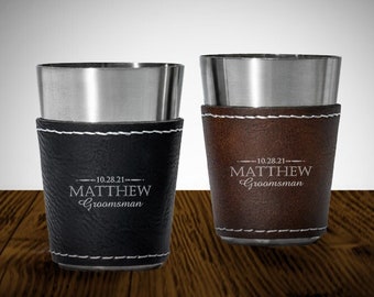 Groomsman Personalized Engraved Leatherette and Stainless Steel Shot Glass, Engraved Wedding Party Groomsmen Gift DM882