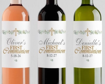 Personalized First Communion Wine Bottle Labels with Cross