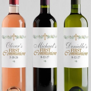 First Communion Flowers Wine Bottle Labels, Champagne Personalized Label, Cross First Communion Wine Labels DM111