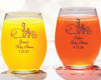 Set of 24 Baby Safari Baby Shower Custom 9 oz Stemless Wine Glass, Baby Shower Party Favors SKU:DM16