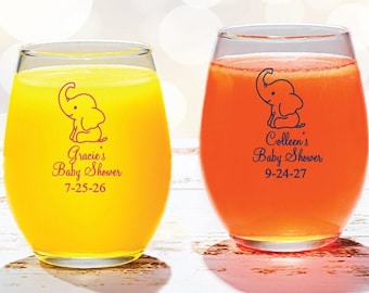 Set of 24 Baby Shower BULK Favors, Baby Elephant Baby Shower Custom Stemless 9 Ounce Glass Wine Favors, Baby Shower Favors DM18-B8