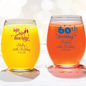 Set of 24 Birthday 60th Sixtieth Personalized Stemless 9 Ounce Glass Wine 60th Birthday Favors, Stemless 9 oz Party Favors, DM15