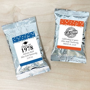 Class Reunion Party Favors, Set of 12  Class Reunion Personalized Coffee Favors, Personalized Coffee Silver Foil Favor with Labels DM568
