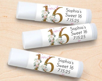 Set of 12  Personalized Sweet 16 Flowers Tube Lip Balm Favors, Sweet Sixteen Personalized Lip Balm Party Favors DM106
