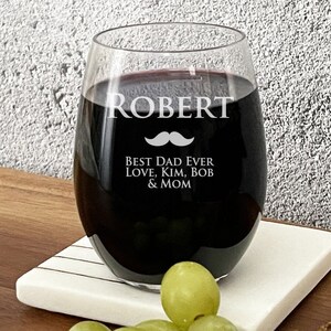 Mustache Custom 15 oz or 9 oz Stemless Wine Glass DM-DM882OP-15OZ, Etched Glass, Personalized Glass Gifts