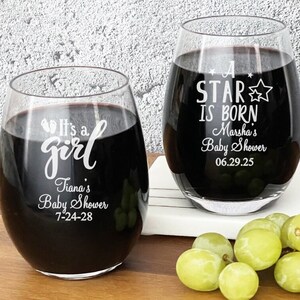 Set of 12 Engraved Baby Shower Girl Personalized Stemless  9 oz Wine Glass Favors,  It's a Girl Shower Stemless Party Favors DM7