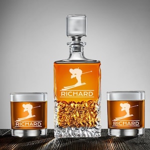 Ski Personalized Marquis Icy Whiskey Decanter or Whiskey Rock Glass, Engraved Ski Whiskey Decanter Set DM127