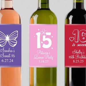 Set of 10 Sweet 16 or Quince Anos Labels, Personalized Wine Bottle Labels, Sweet 16 or Quinceañera Party Labels Stickers DM9