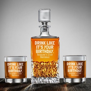 Drink Like It&#39;s Your Birthday Personalized Marquis Icy Whiskey Decanter or Whiskey Rock Glass, Engraved Birthday Whiskey Decanter Set DM64