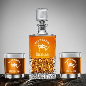 Ski Personalized Marquis Icy Whiskey Decanter or Whiskey Rock Glass, Engraved Ski Whiskey Decanter Set DM64