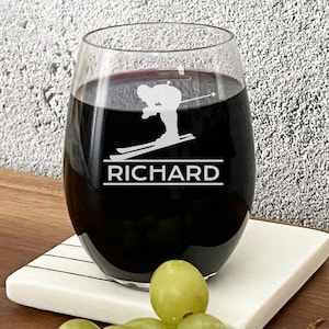 Personalized Ski Gifts Custom 15 oz or 9 oz Stemless Wine Glass DM127 Etched Glass Personalized Glass, Ski Gift