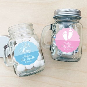 Lot de 12 faveurs de baby shower, mini pot Mason personnalisé baby shower en verre bouteille en pot personnalisée avec étiquettes DM6 image 1