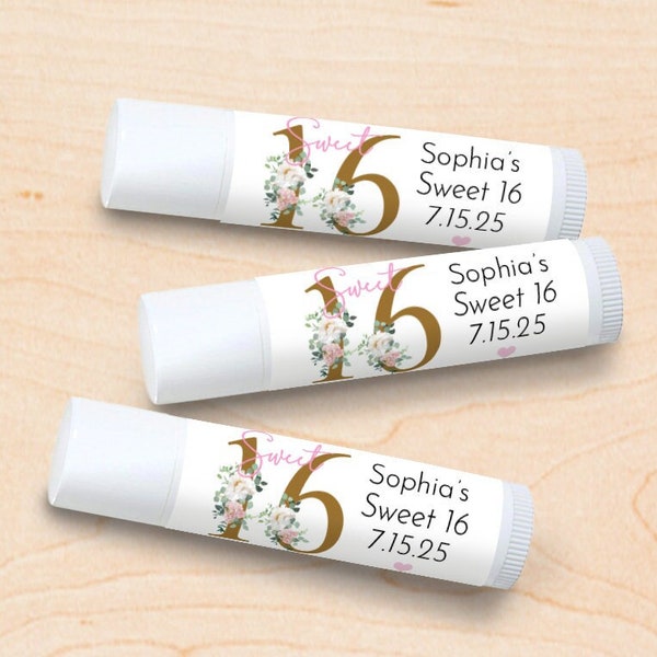 Set of 12  Personalized Sweet 16 Flowers Tube Lip Balm Favors, Sweet Sixteen Personalized Lip Balm Party Favors DM106