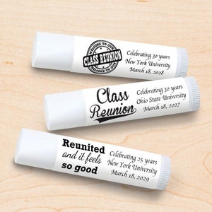 Set of 12 Class Reunion Party Favors, Class Reunion Party Favors, Personalized Party Favors, Personalized Lip Balm with Sticker Favors DM568