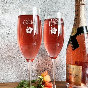 Set of 2 Hibiscus Engraved Personalized Champagne Glass Toasting Flutes, Beach Wedding Personalized Champagne Flutes