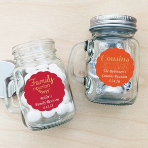 Set of 12 Family Reunion Party Favors, Family Party Favors, Personalized Party Favors, Personalized Mini Mason Jar Glass DM130