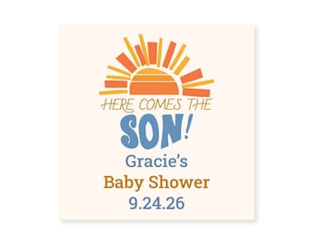 Set of 18 Baby Boy Favors, Here Comes the Son Personalized Square Baby Shower Labels, Stickers Baby Shower Party Favors, Labels ONLY DM129