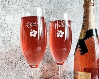 Hibiscus Engraved Personalized Champagne Flutes - Beach Wedding Toasting Glasses (Set of 2)