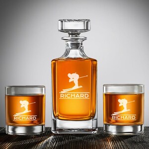 Personalized Ski Gifts Etched Classic Decanter or Whiskey Rock Glass, Dad&#39;s Ski Gift, Ski Gift DM127