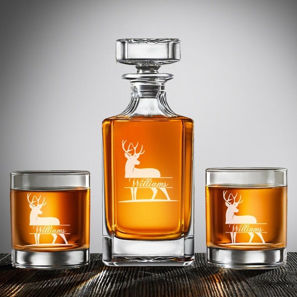 Deer Initial Personalized Decanter or Whiskey Rock Glass, Rock Glass, Etched Glass ED51B