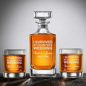 I Survived My Daughter&#39;s Wedding Personalized Classic Decanter or Whiskey Glass, Rock Glass, Etched, Father of the Bride Gift DM51-X1