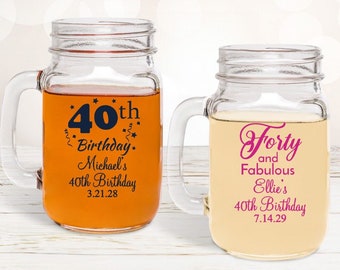 Set of 24 Birthday 40th Personalized 16 oz. Mason Jar Drinking Glass Favors, 40th Birthday Favors, Forty Party Gifts DM11