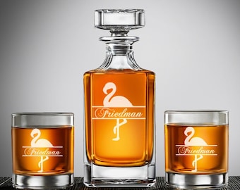 Flamingo Personalized Classic Decanter or Whiskey Rock Glass, Rock Glass, Etched Glass, Dad's Gift ED51Q