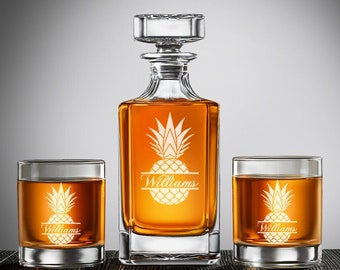 Pineapple Personalized Classic Decanter or Whiskey Rock Glass, Rock Glass, Etched Glass, Dad's Gift ED51A