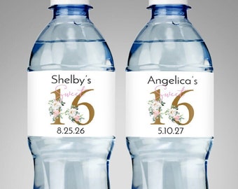 Personalized Sweet 16 Floral Water Bottle Labels - Set of 18 Waterproof Favors