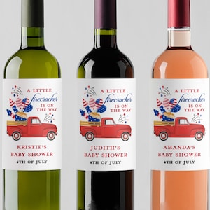 4th of July Baby Shower Labels, A Little Firecracker Is On The Way Personalized Wine Bottle Label - Baby Shower Champagne Labels DM142