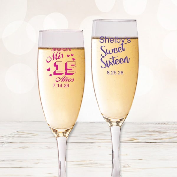 Set of 24 Sweet 16 or Quince Anos Personalized Champagne Glass with Stem, Sweet 16 or Quince Anos Bulk Favors, Birthday Party Favors DM9