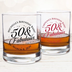 Set of 24 Birthday 50 and Fabulous Personalized Printed Whiskey Rock Glass Favors, Fiftieth Birthday Party Favors Gifts DM812
