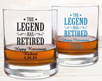 Set of 24 The Legend Has Retired Personalized Whiskey Rock Glass Favors, Retirement Retired Whiskey Party Favors DM105