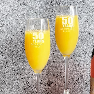 Set of 2 Celebrating 50 Years Engraved Personalized Champagne Toasting Flutes Glass, Wedding Personalized Champagne Flutes