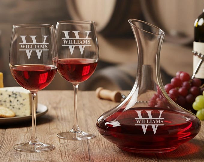 Monogram Personalized Wine Decanter, Wine Glass or Stemless 15oz Wine Glass Engraved, Personalized and Custom Monogram Decanter Gift Set