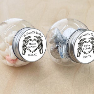 Set of 12 Til Death Do Us Part Halloween Mini Round Candy Glass Jars with Labels Halloween Bottle Jar Party Favors DM134