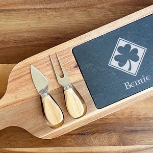 Custom Wine and Cheese Irish Shamrock Personalized Slate & Wood Paddle Cheese Board, Cheese Board, Cutting Board Gifts