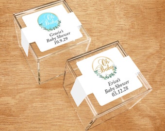 Set of 10 Oh Baby Baby Shower Personalized Clear Acrylic Square Cubes Treat Boxes, Personalized Baby Shower Square Acrylic Favor Boxes DM881