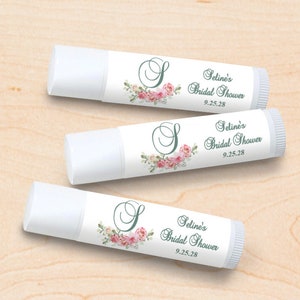 Set of 12, Initial Pink Flower Wedding Custom Personalized Tube Lip Balm Personalized Wedding Lip Balm with Labels Favors DM738