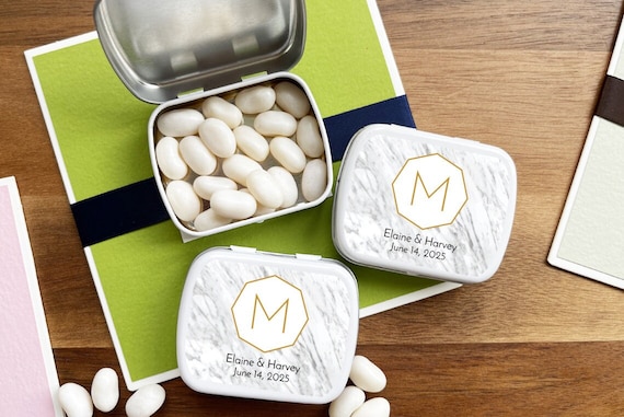 Set of 12 Initial Marble Personalized Wedding White Mint Tin Favors, Empty  Marble Wedding Personalized Mint Tins with Labels DM78-17