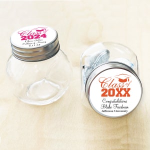 Set of 12, Class of 2025 Graduation Personalized Mini Round Candy Jar Glass, Graduation Personalized Jar Bottle with Labels DM56