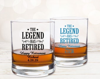 Set of 24 The Legend Has Retired Personalized Whiskey Rock Glass Favors, Retirement Retired Whiskey Party Favors DM105
